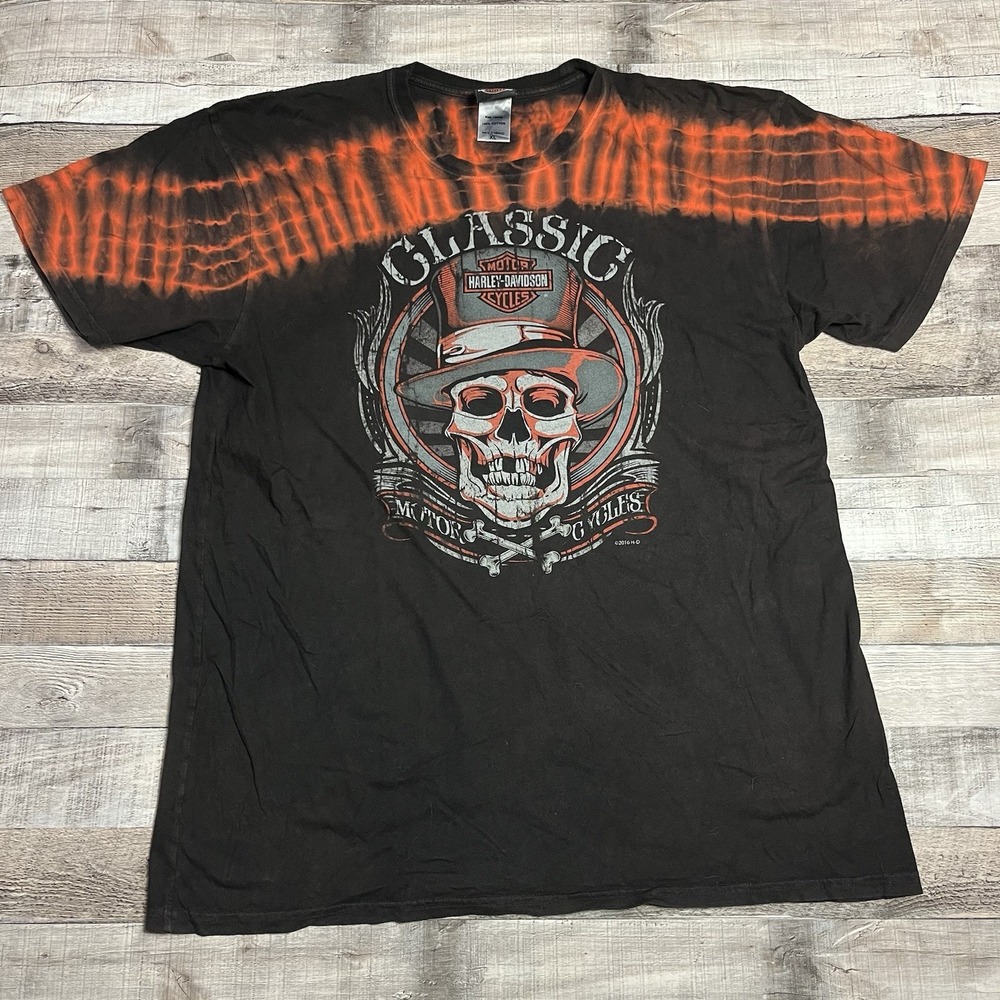 Harley Davidson Shirt Size XL Orange Tie Dye Sarasota Florida Skeleton Biker Tee